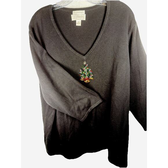 Vintage Y2K Sequined Embroidered Christmas Tree Sweater CJ Banks Black 3XL - Picture 1 of 10